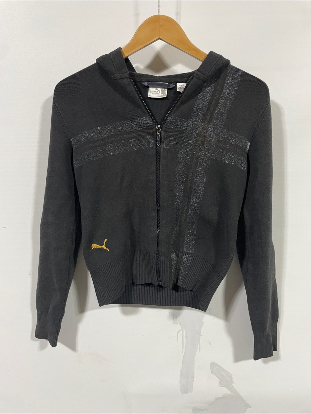 Vintage Y2K Puma Black Hooded Zip Sweater with Metallic Stripe